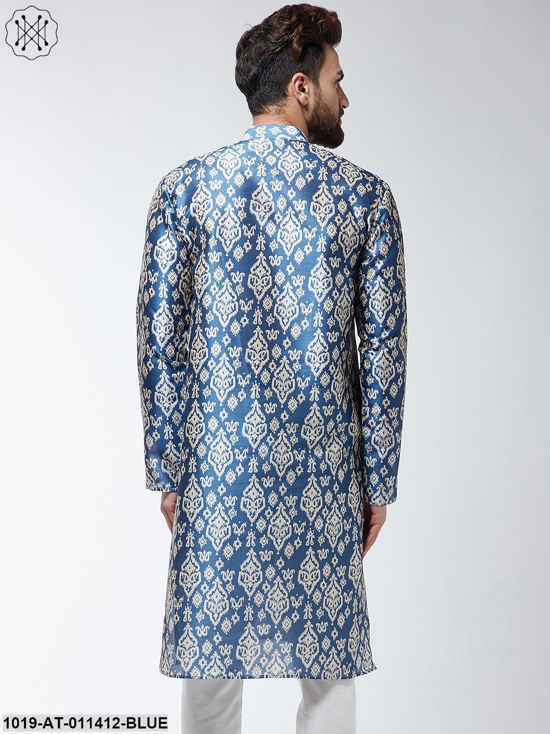 Men's Silk Blend Blue Printed Only Long Kurta