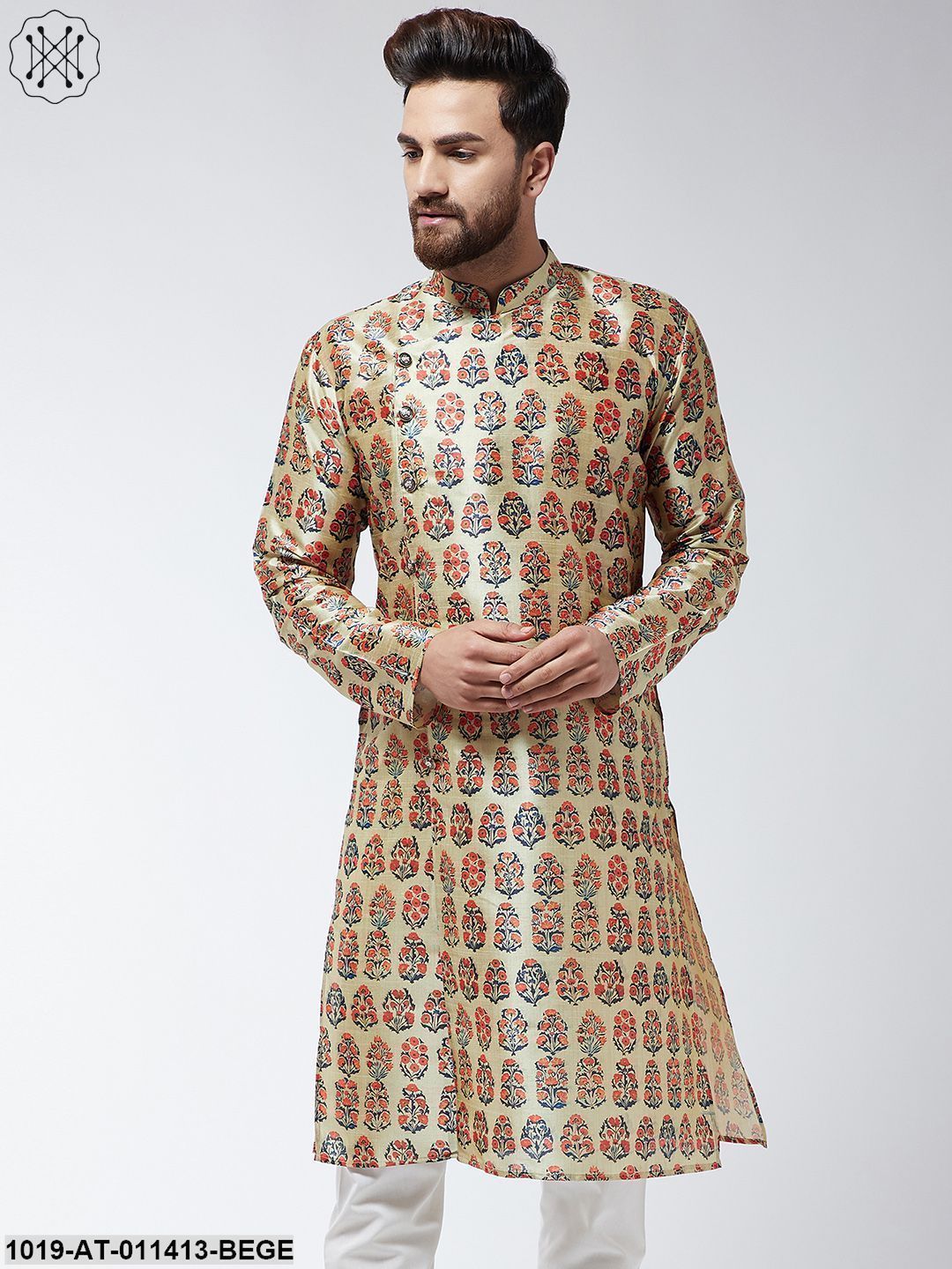 Men's Silk Blend Beige Printed Only Long Kurta