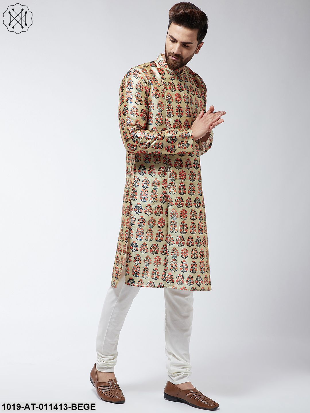 Men's Silk Blend Beige Printed Only Long Kurta