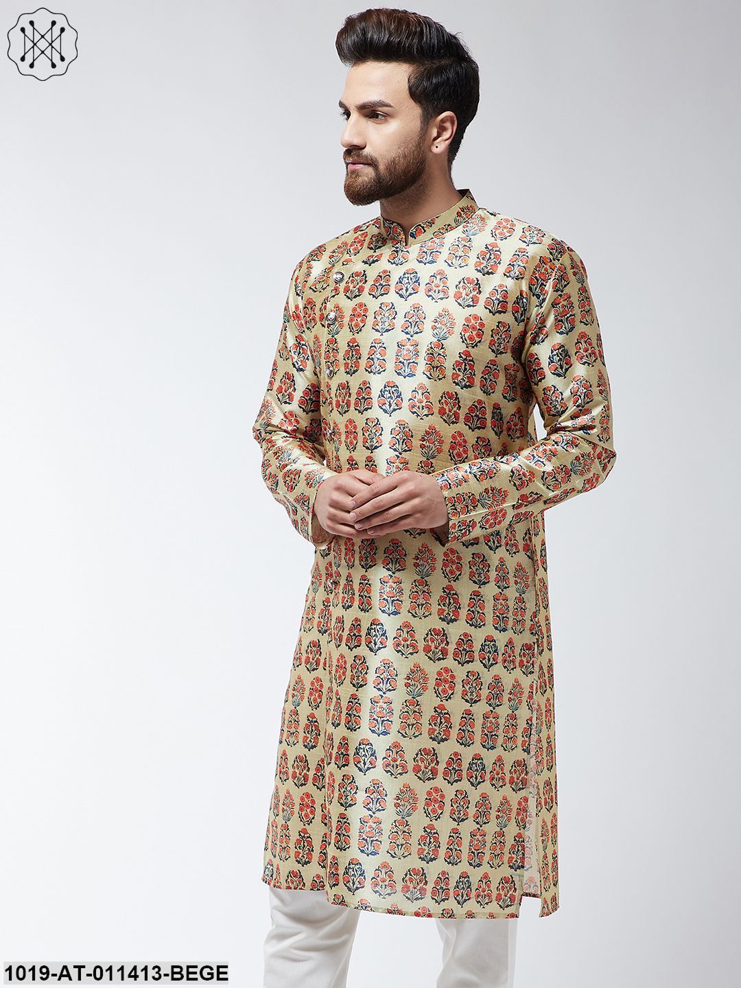 Men's Silk Blend Beige Printed Only Long Kurta