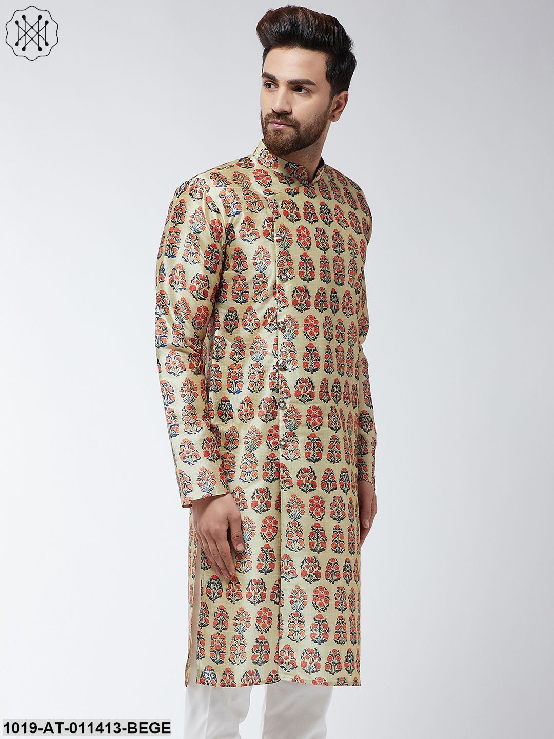 Men's Silk Blend Beige Printed Only Long Kurta