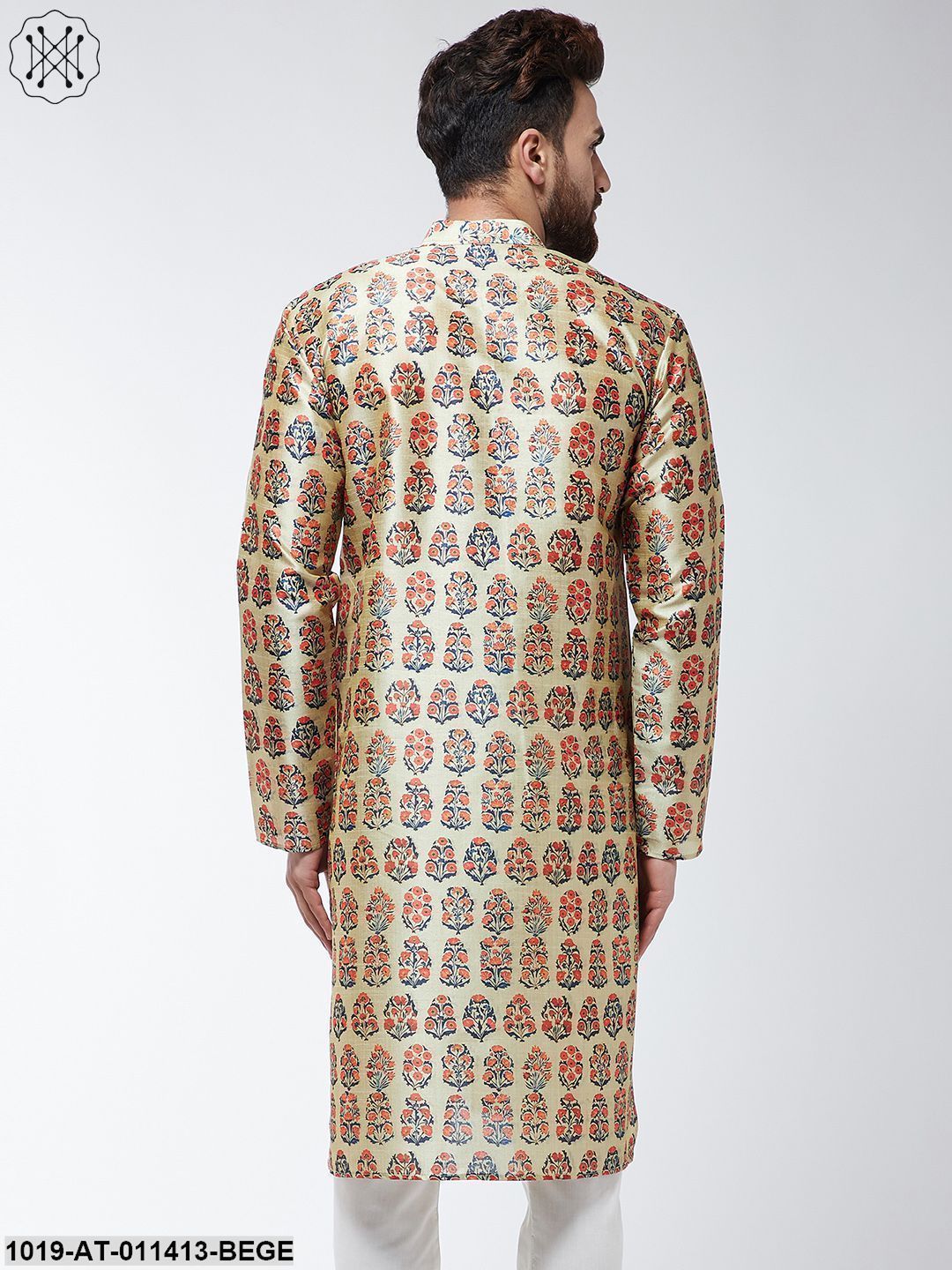 Men's Silk Blend Beige Printed Only Long Kurta
