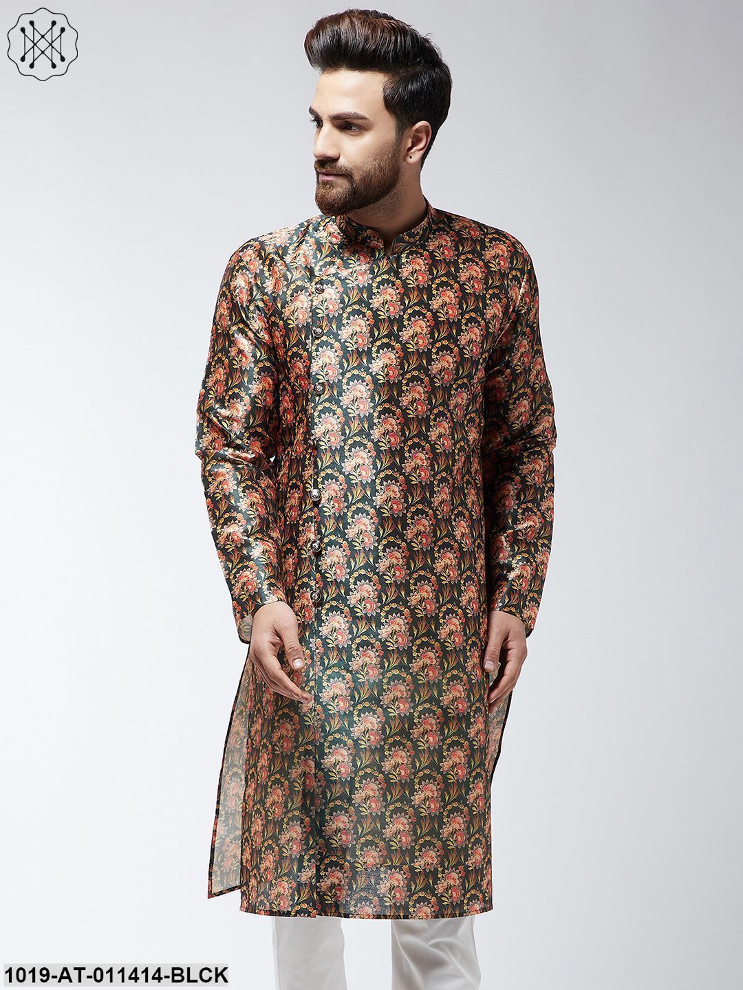 Men's Silk Blend Black Printed Only Long Kurta