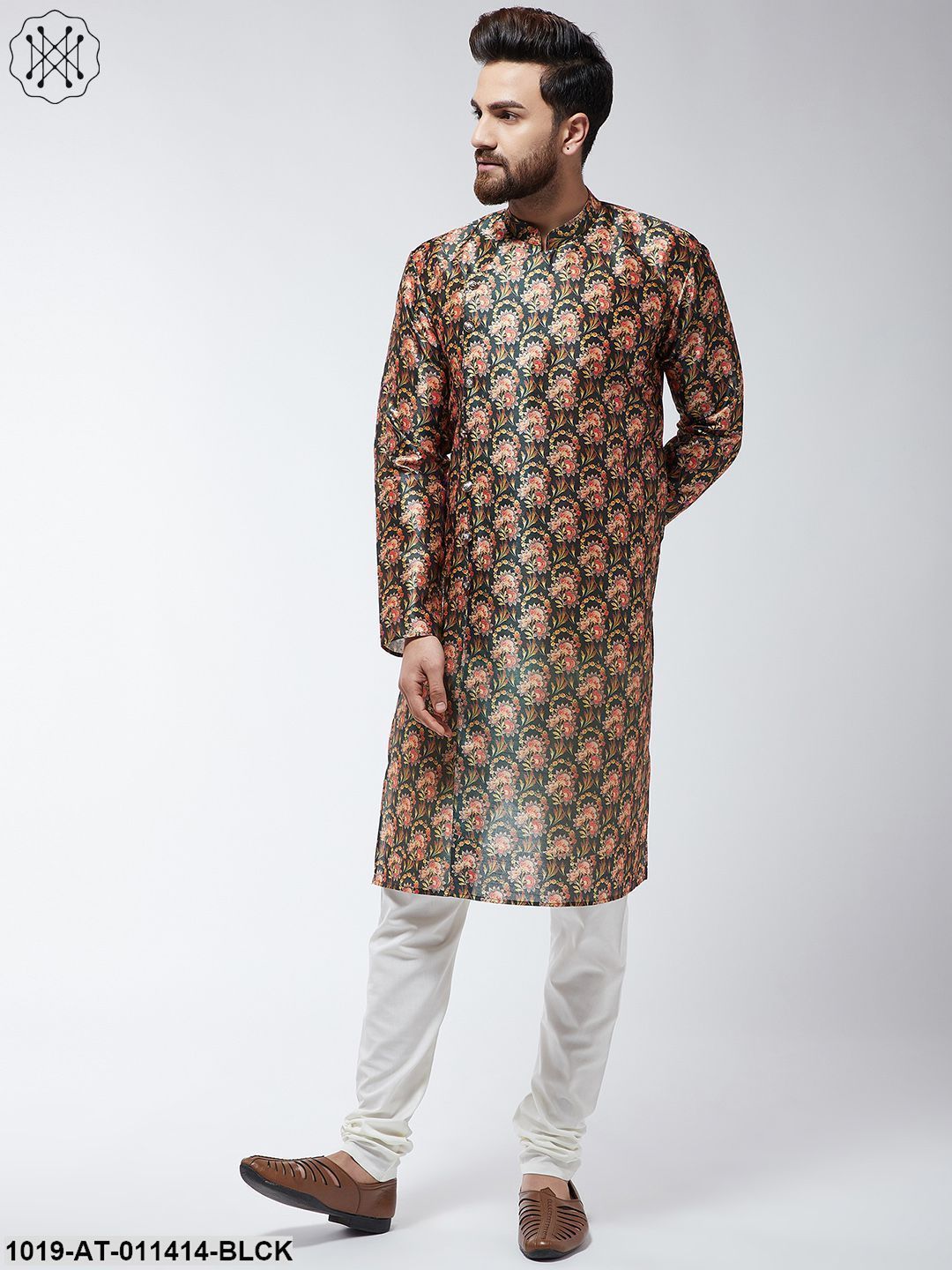 Men's Silk Blend Black Printed Only Long Kurta