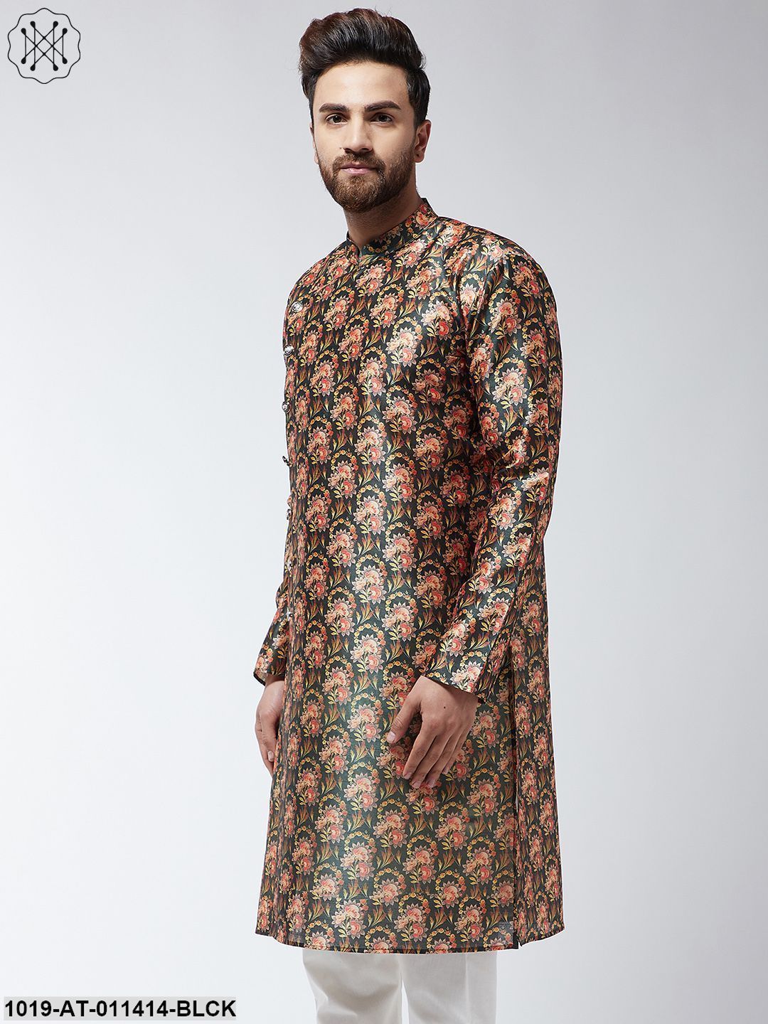 Men's Silk Blend Black Printed Only Long Kurta