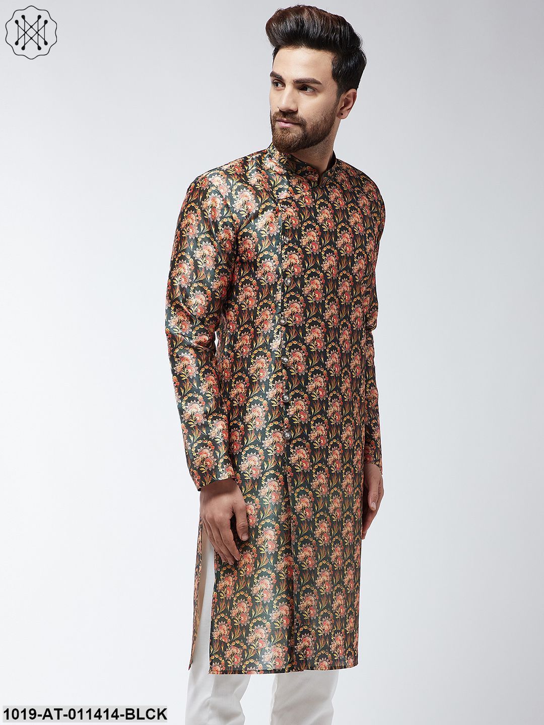 Men's Silk Blend Black Printed Only Long Kurta
