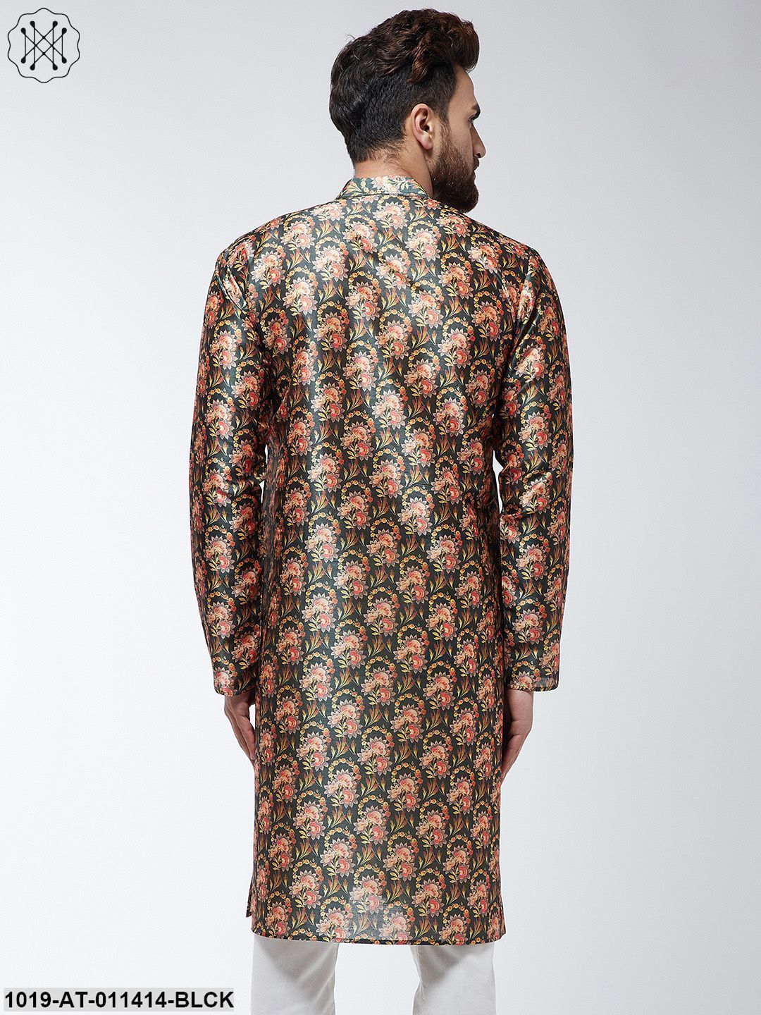 Men's Silk Blend Black Printed Only Long Kurta