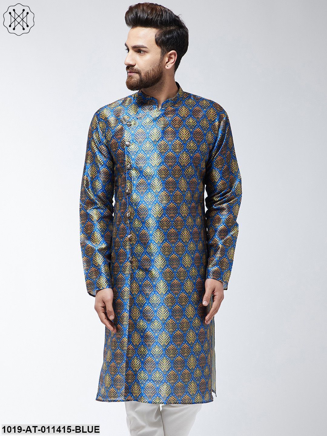 Men's Silk Blend Blue Printed Only Long Kurta