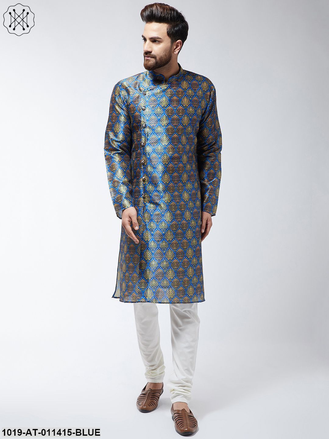 Men's Silk Blend Blue Printed Only Long Kurta