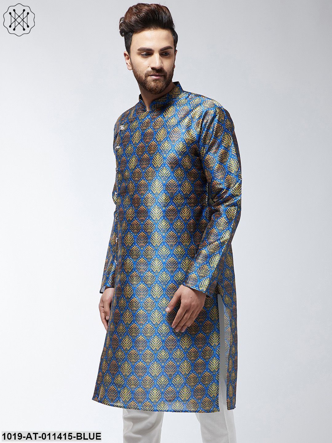 Men's Silk Blend Blue Printed Only Long Kurta