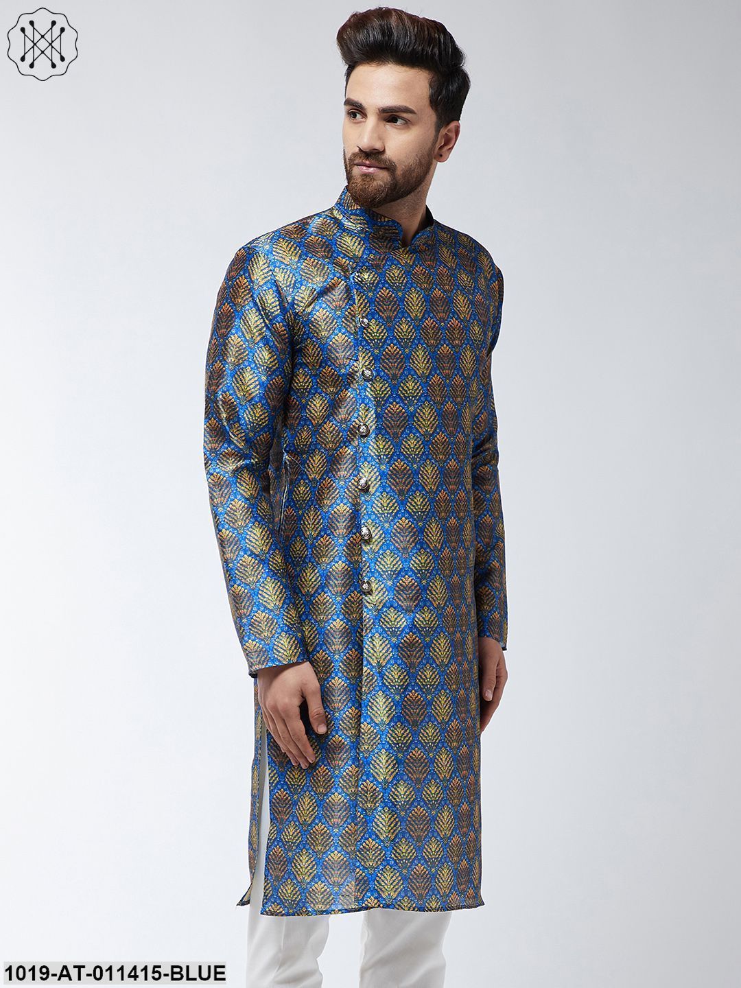 Men's Silk Blend Blue Printed Only Long Kurta