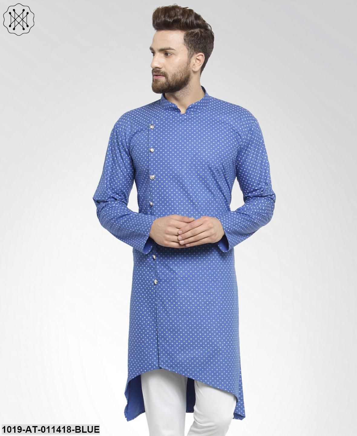 Men's Cotton Blend Light Blue Printed Only Long Kurta