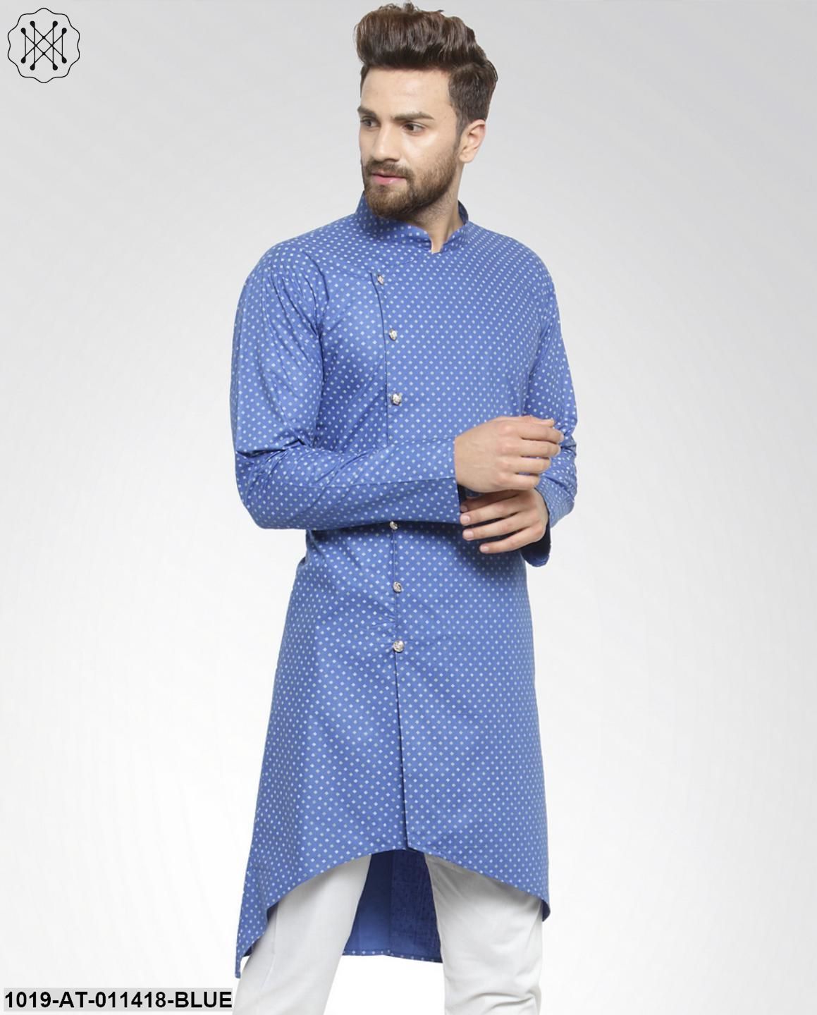 Men's Cotton Blend Light Blue Printed Only Long Kurta