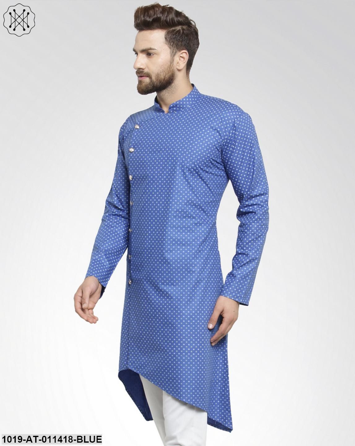 Men's Cotton Blend Light Blue Printed Only Long Kurta