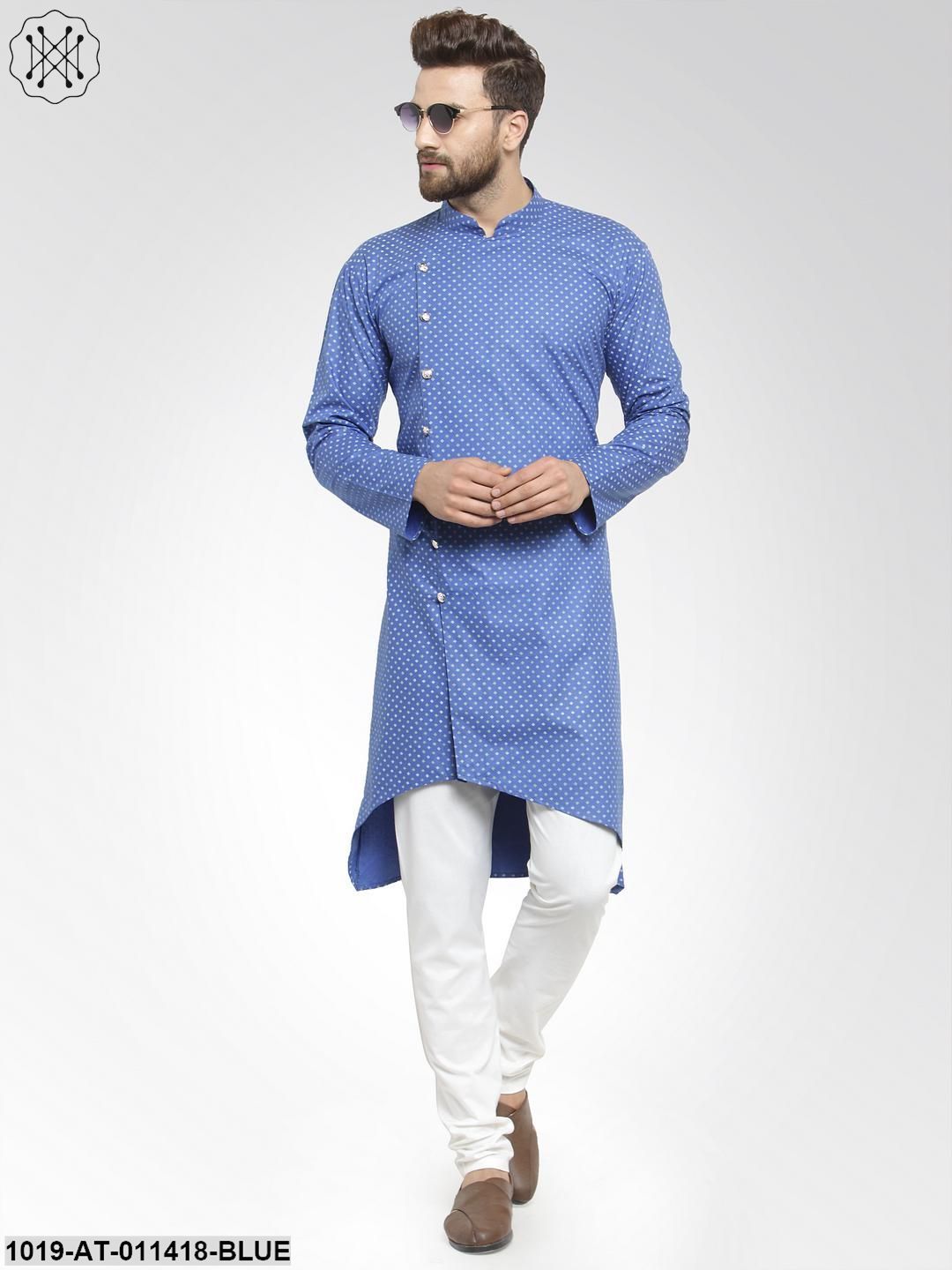 Men's Cotton Blend Light Blue Printed Only Long Kurta