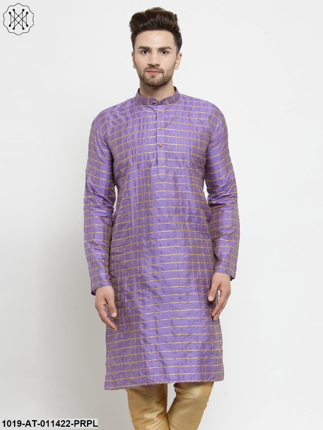 Men's Silk Blend Purple Checked Only Long Kurta