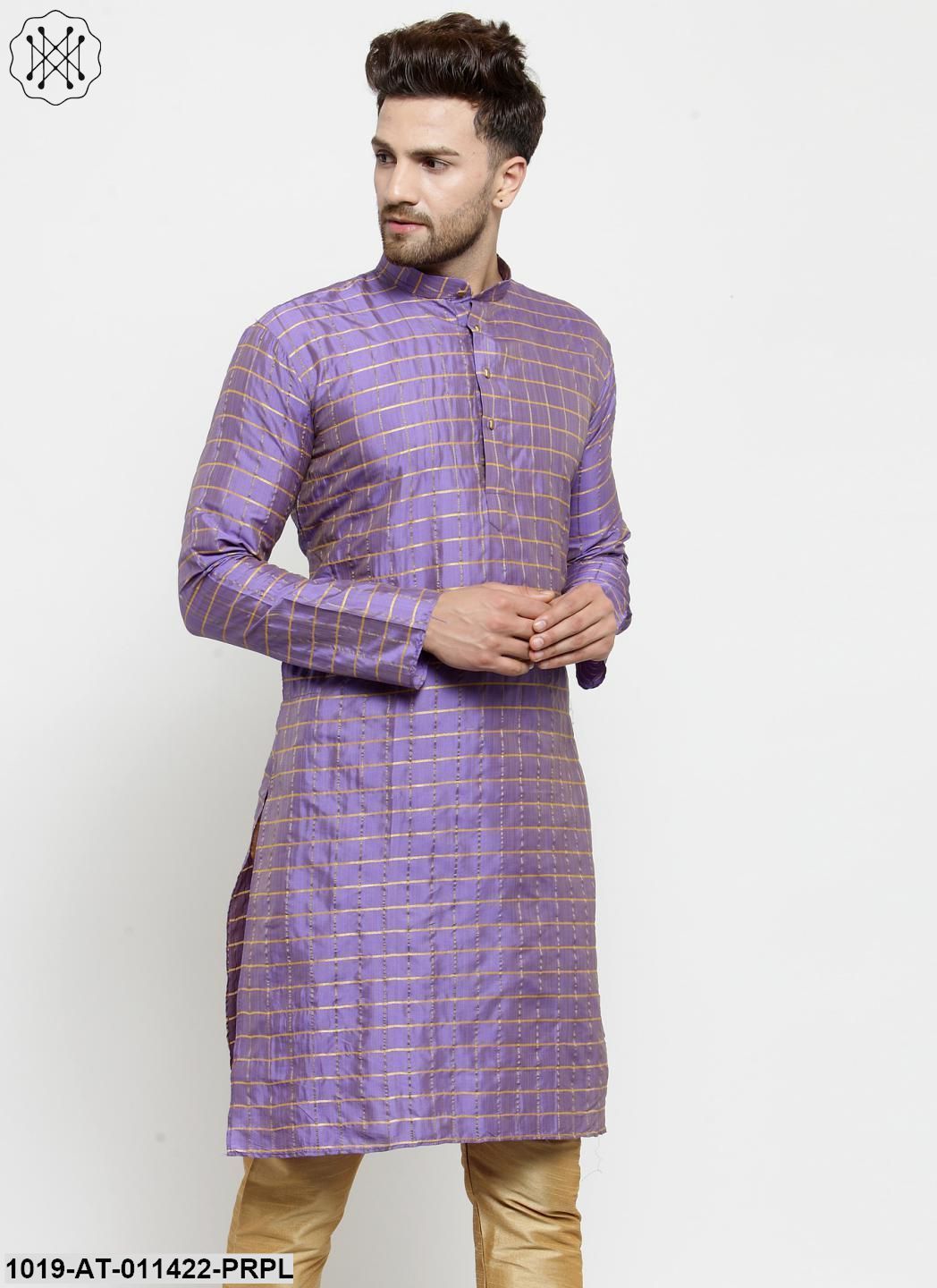Men's Silk Blend Purple Checked Only Long Kurta