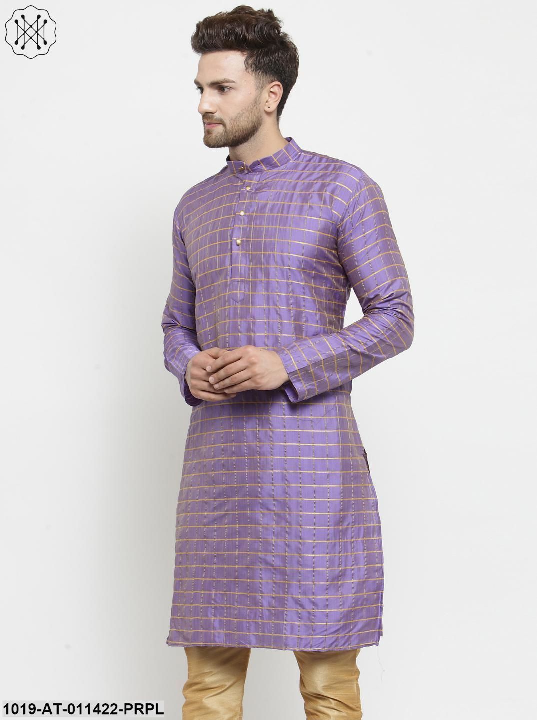 Men's Silk Blend Purple Checked Only Long Kurta