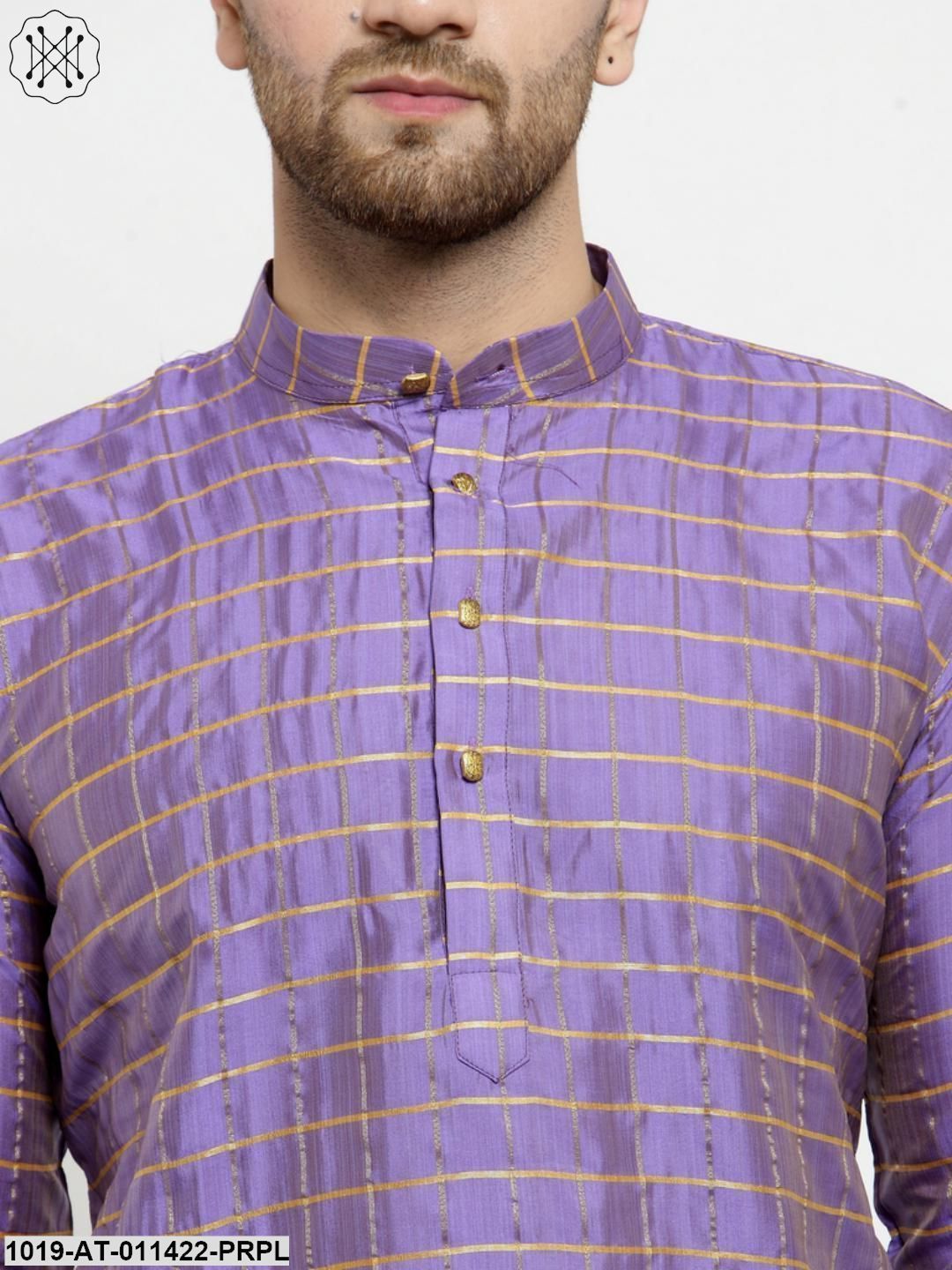 Men's Silk Blend Purple Checked Only Long Kurta