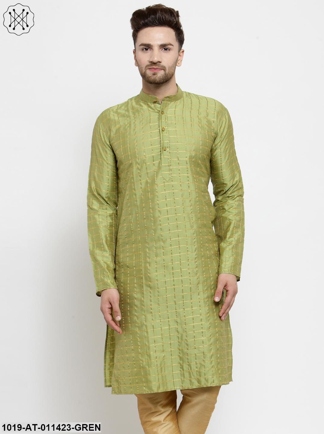 Men's Silk Blend Green Checked Only Long Kurta