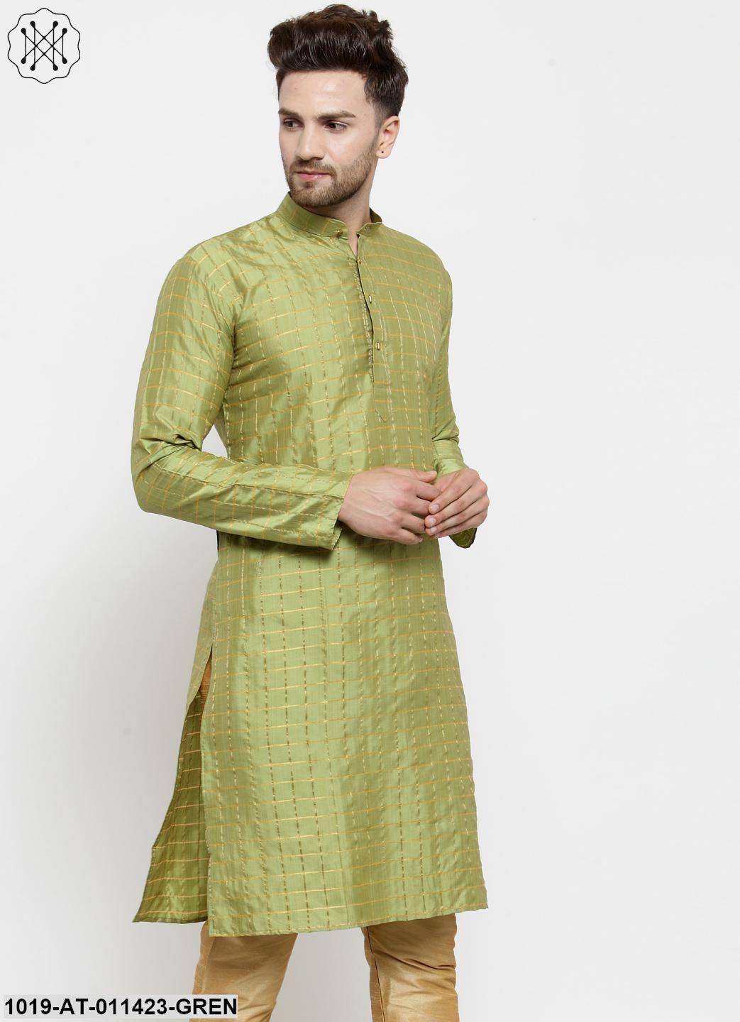 Men's Silk Blend Green Checked Only Long Kurta