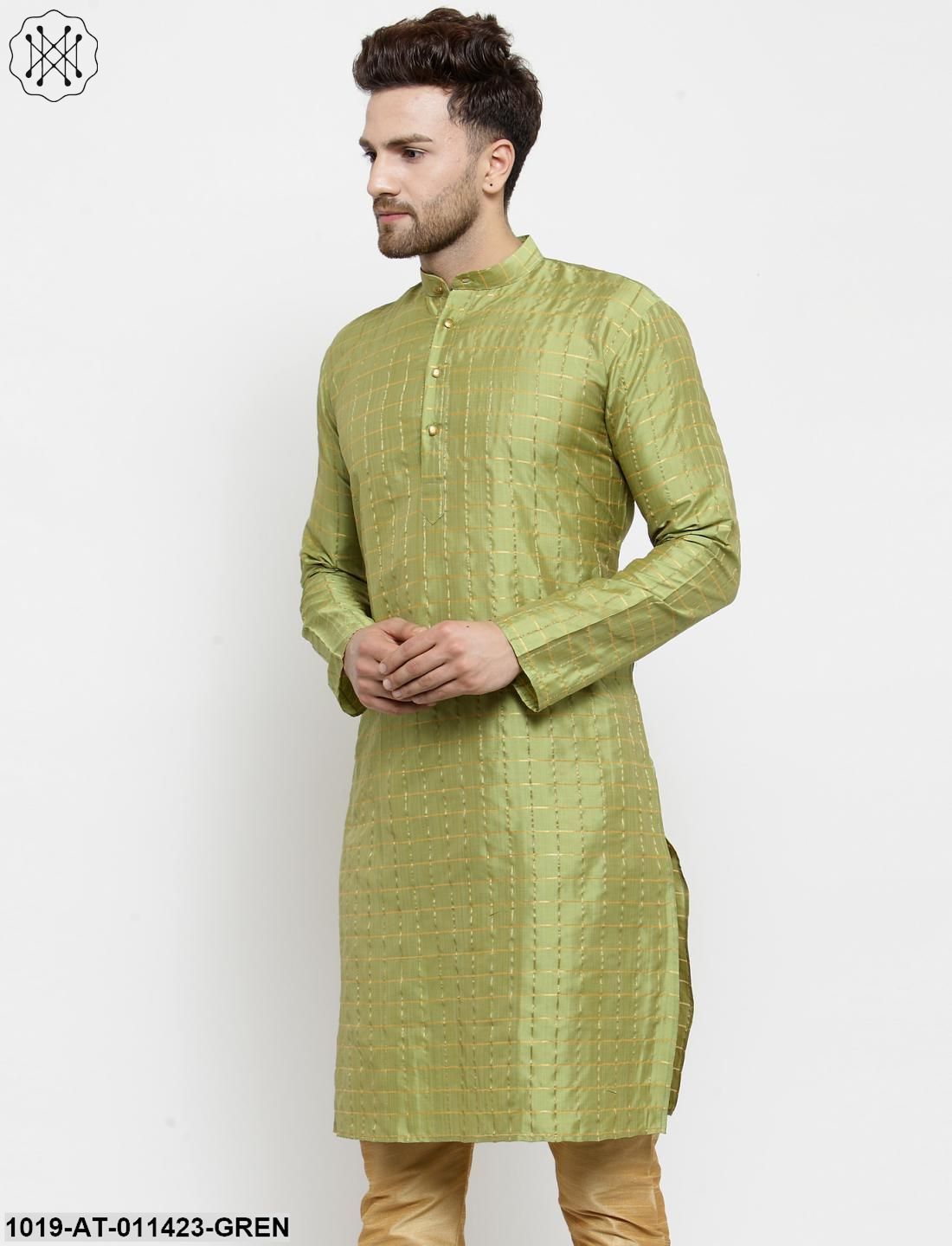 Men's Silk Blend Green Checked Only Long Kurta