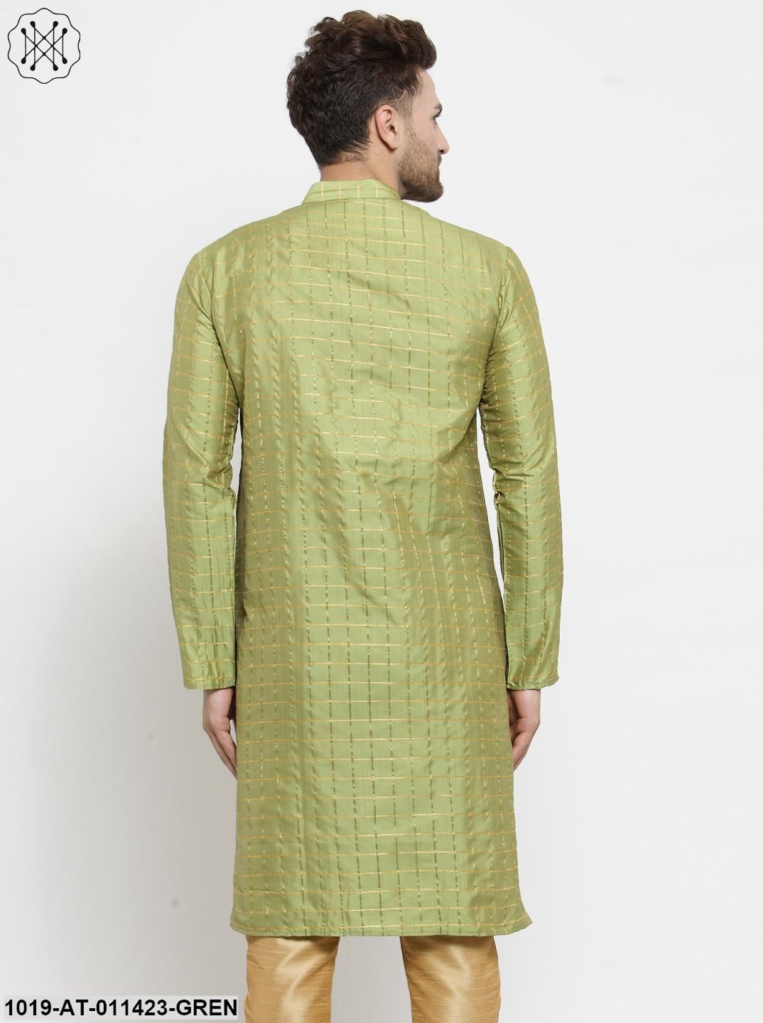 Men's Silk Blend Green Checked Only Long Kurta