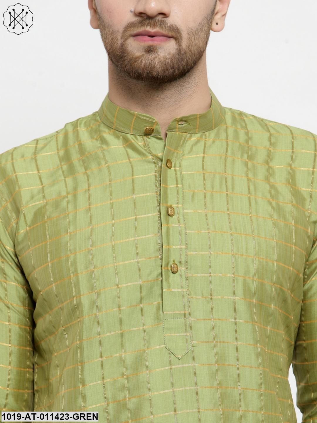Men's Silk Blend Green Checked Only Long Kurta