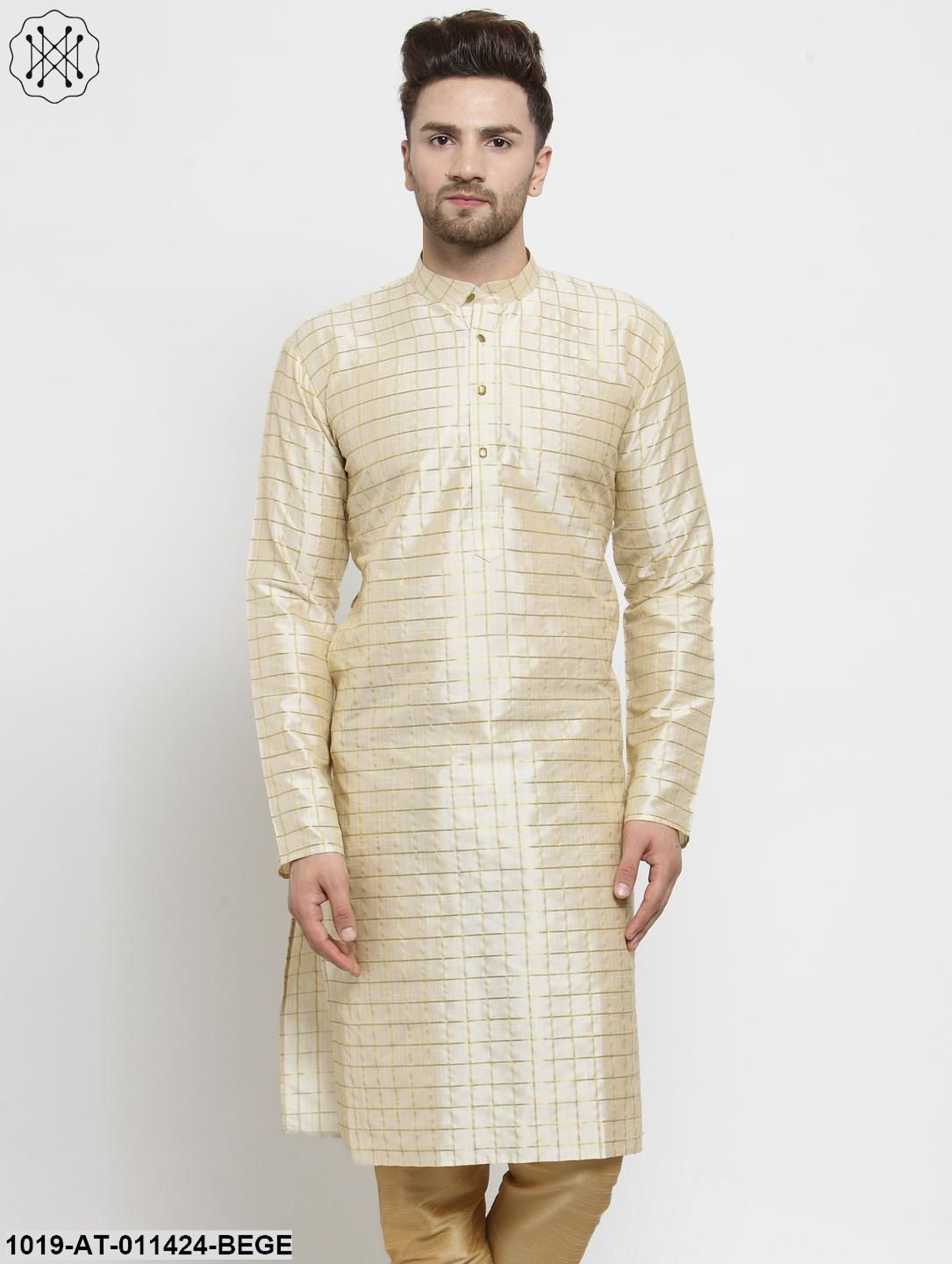 Men's Silk Blend Beige Checked Only Long Kurta