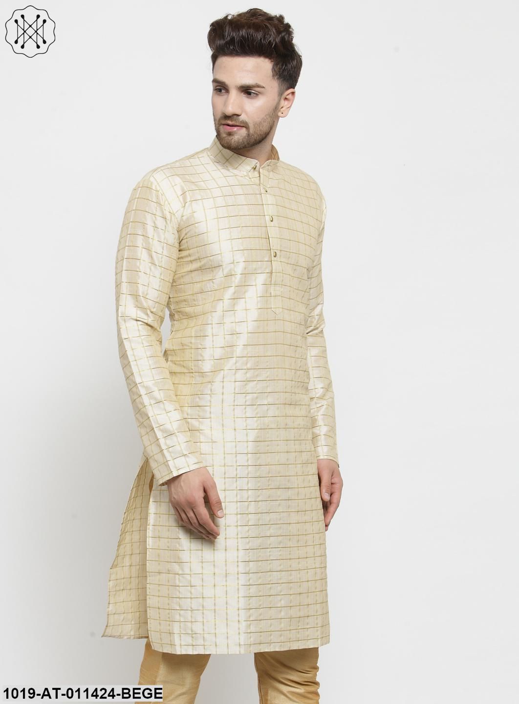 Men's Silk Blend Beige Checked Only Long Kurta