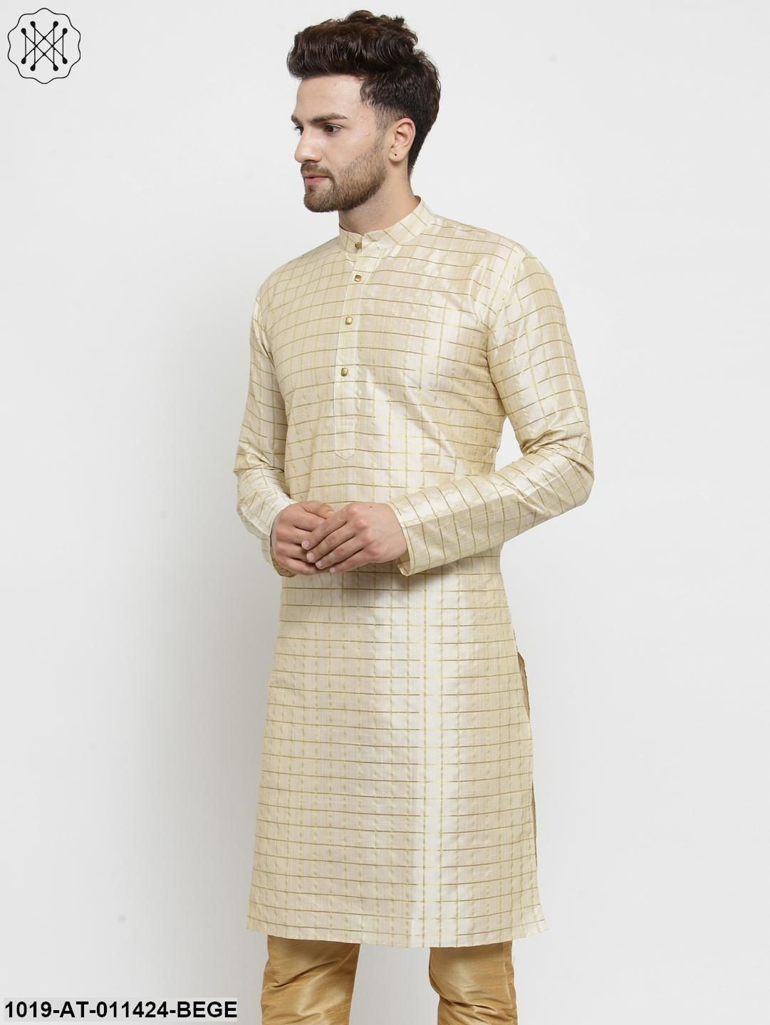Men's Silk Blend Beige Checked Only Long Kurta