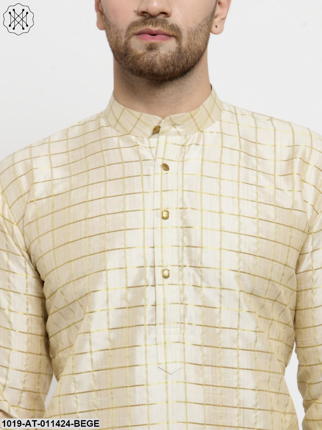 Men's Silk Blend Beige Checked Only Long Kurta