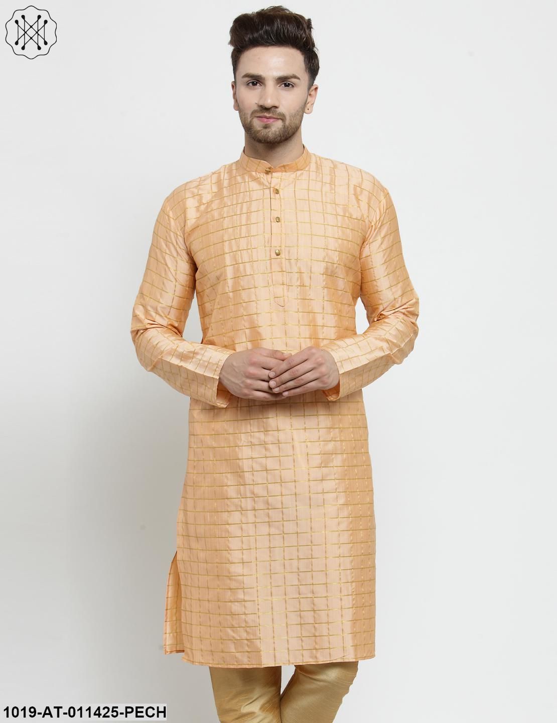 Men's Silk Blend Peach Checked Only Long Kurta