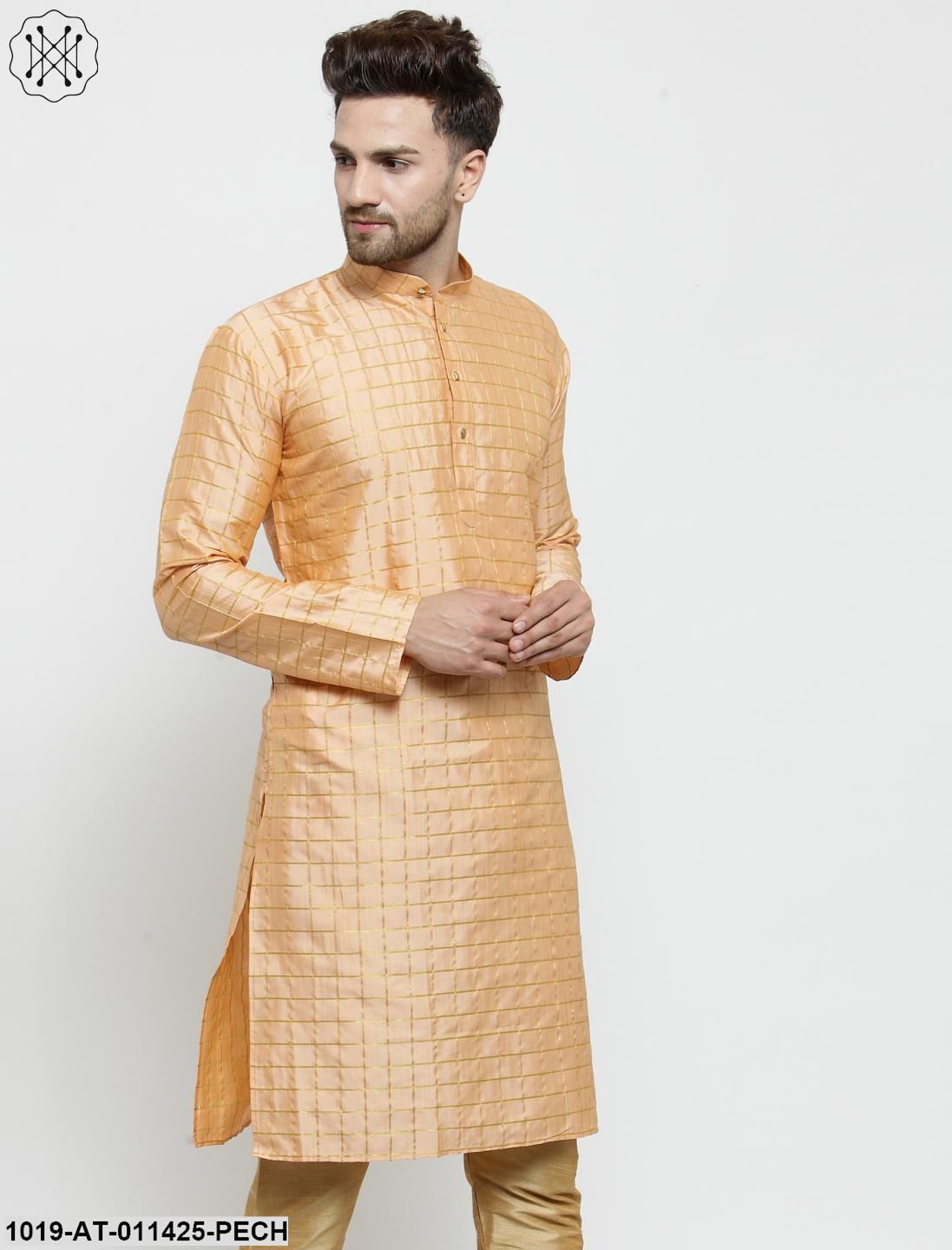 Men's Silk Blend Peach Checked Only Long Kurta