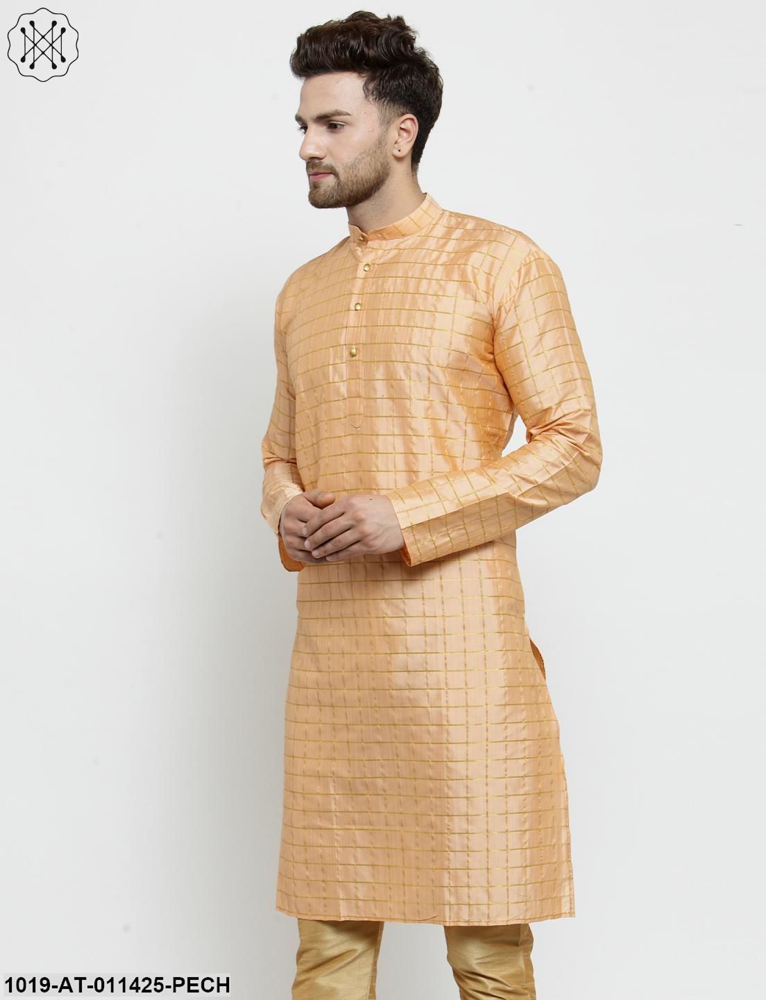 Men's Silk Blend Peach Checked Only Long Kurta