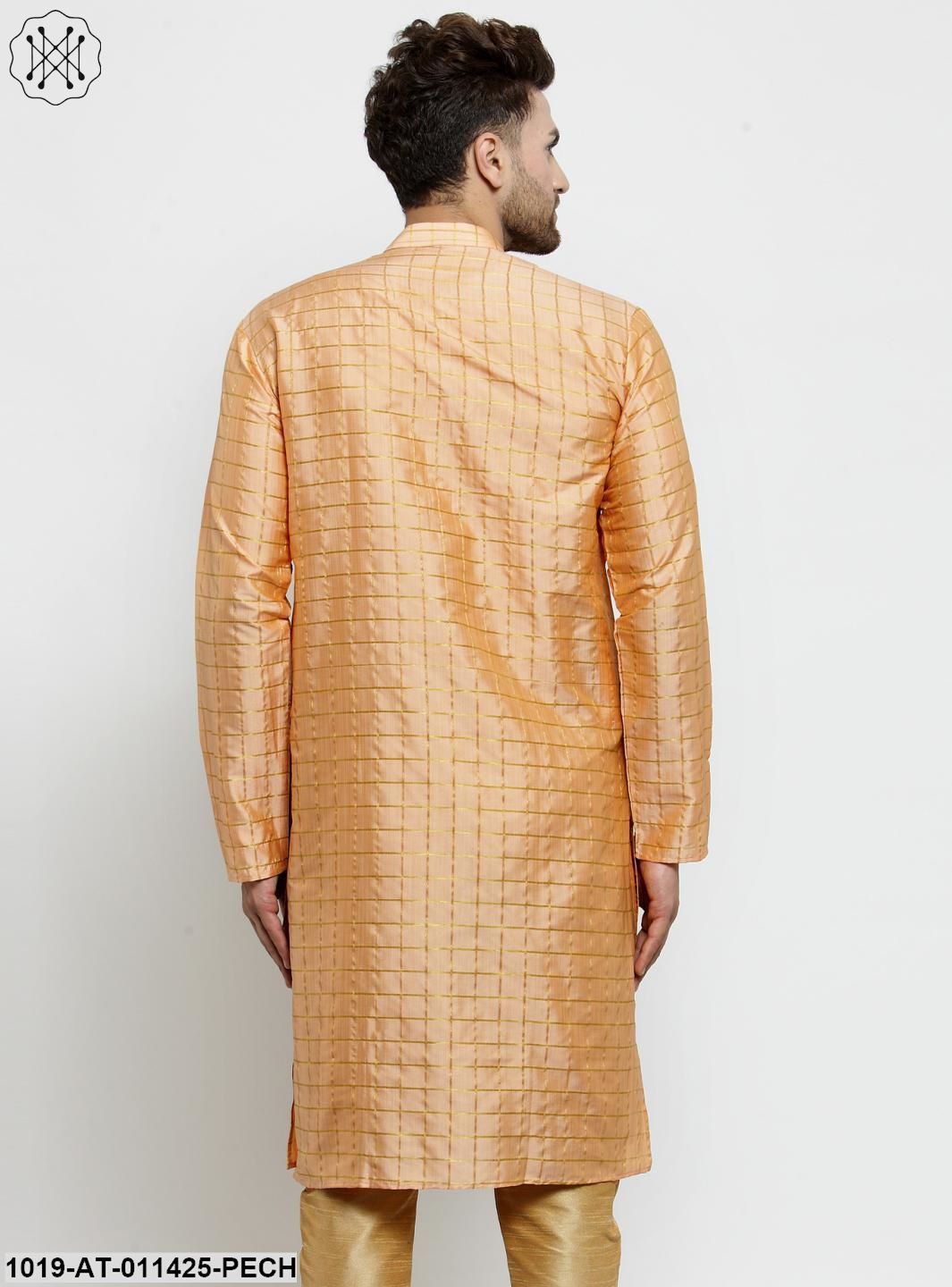Men's Silk Blend Peach Checked Only Long Kurta