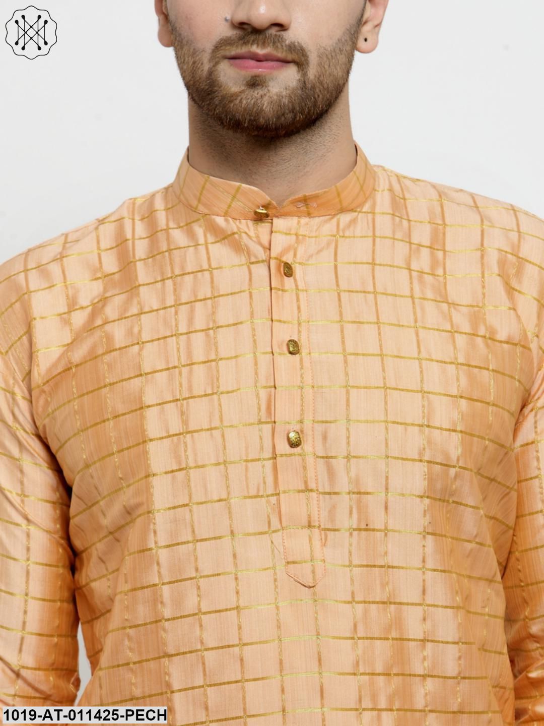 Men's Silk Blend Peach Checked Only Long Kurta
