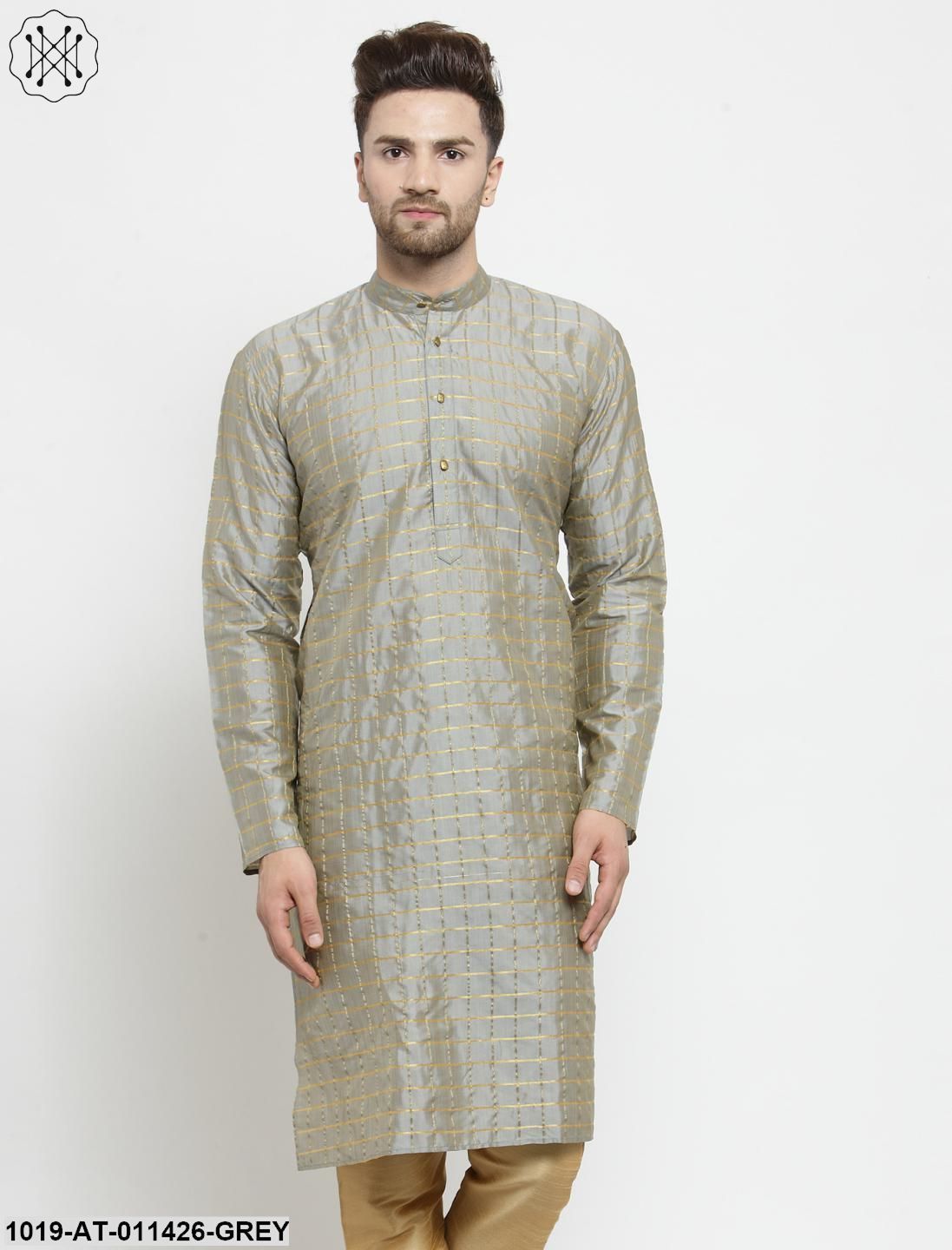 Men's Silk Blend Grey Checked Only Long Kurta