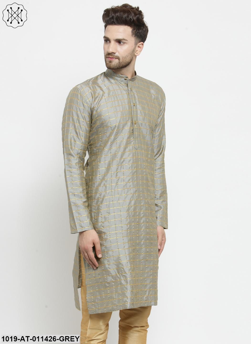 Men's Silk Blend Grey Checked Only Long Kurta