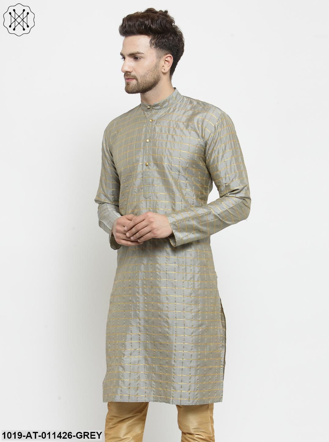 Men's Silk Blend Grey Checked Only Long Kurta