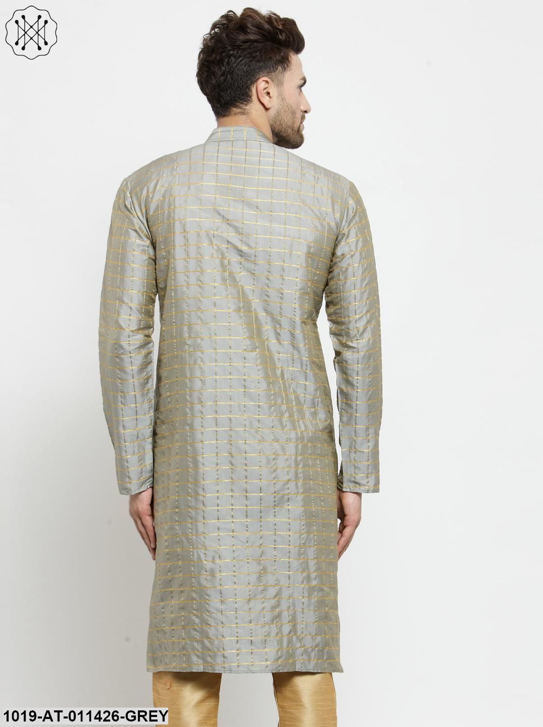 Men's Silk Blend Grey Checked Only Long Kurta