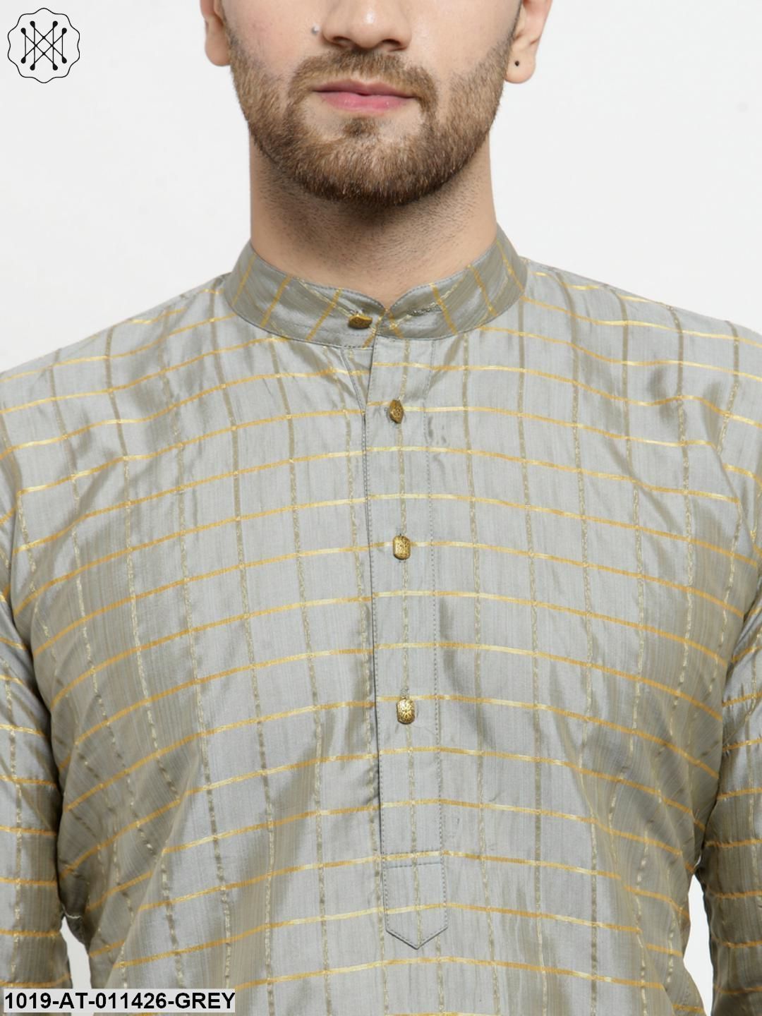 Men's Silk Blend Grey Checked Only Long Kurta
