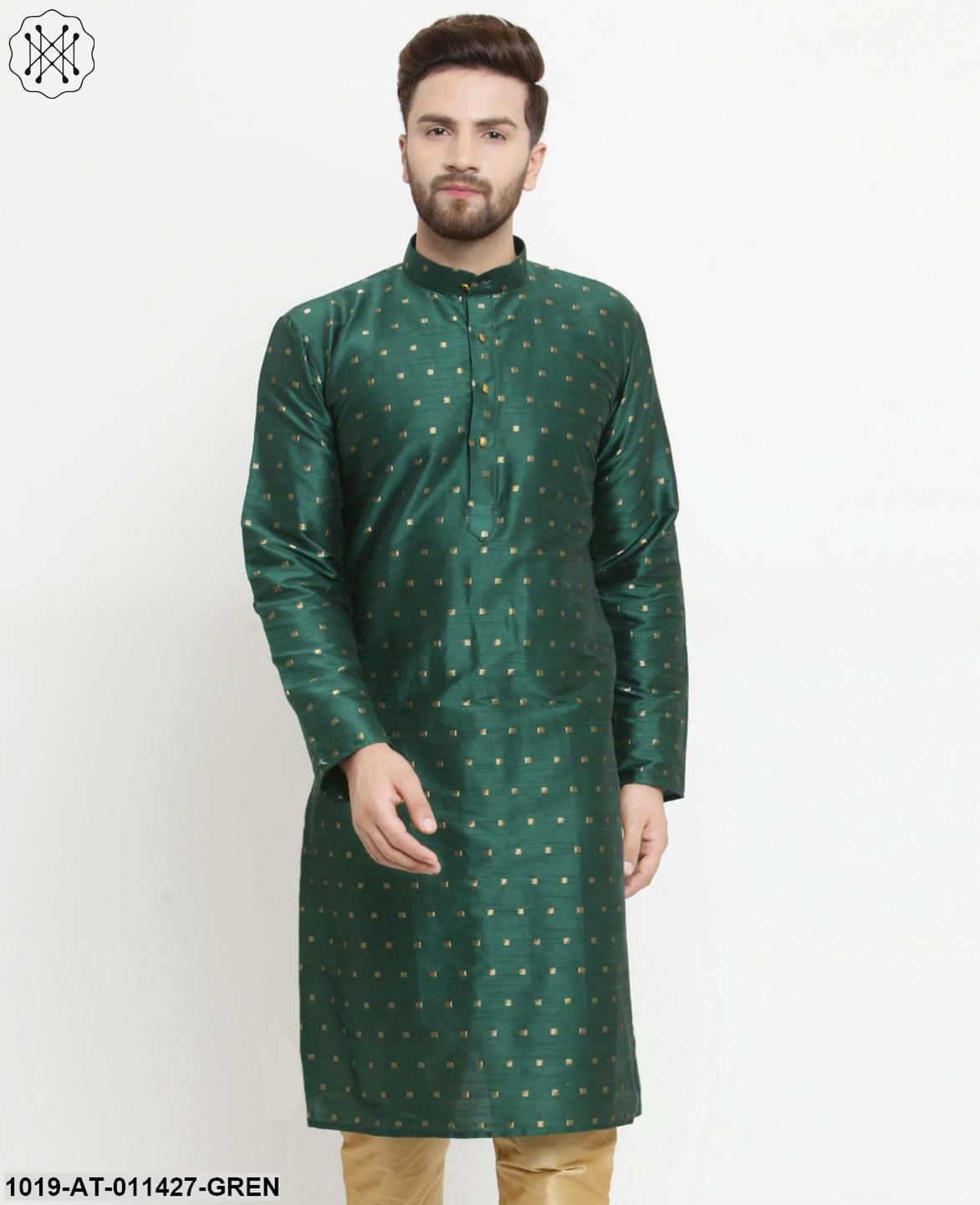 Men's Silk Blend Dark Green Printed Only Long Kurta - Sojanya