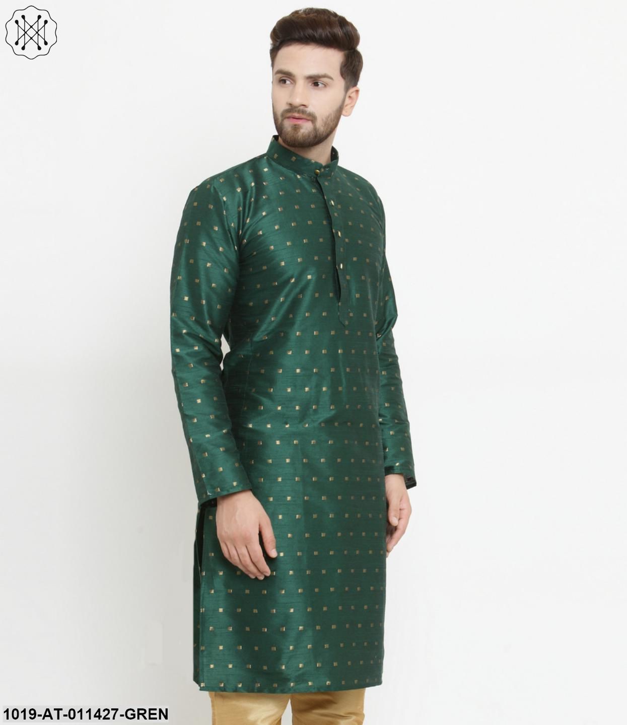 Men's Silk Blend Dark Green Printed Only Long Kurta - Sojanya