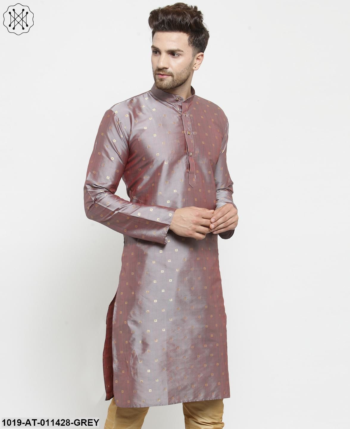 Men's Silk Blend Grey Printed Only Long Kurta - Sojanya