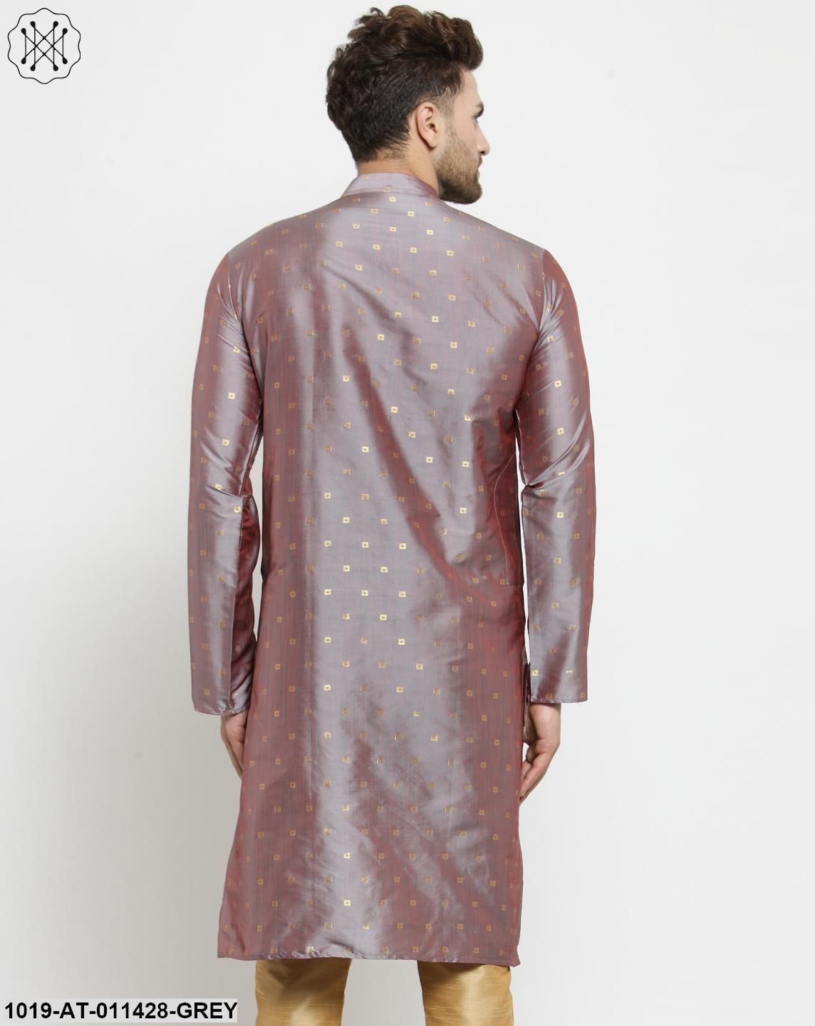 Men's Silk Blend Grey Printed Only Long Kurta - Sojanya