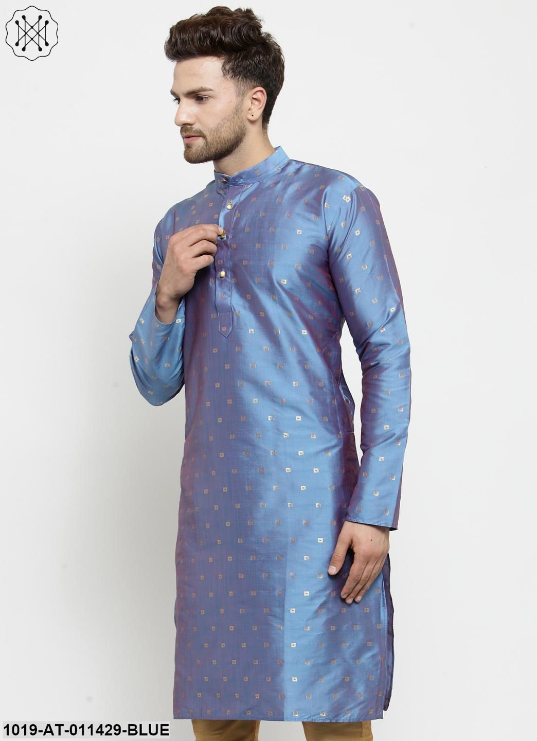 Men's Silk Blend Light Blue Printed Only Long Kurta - Sojanya