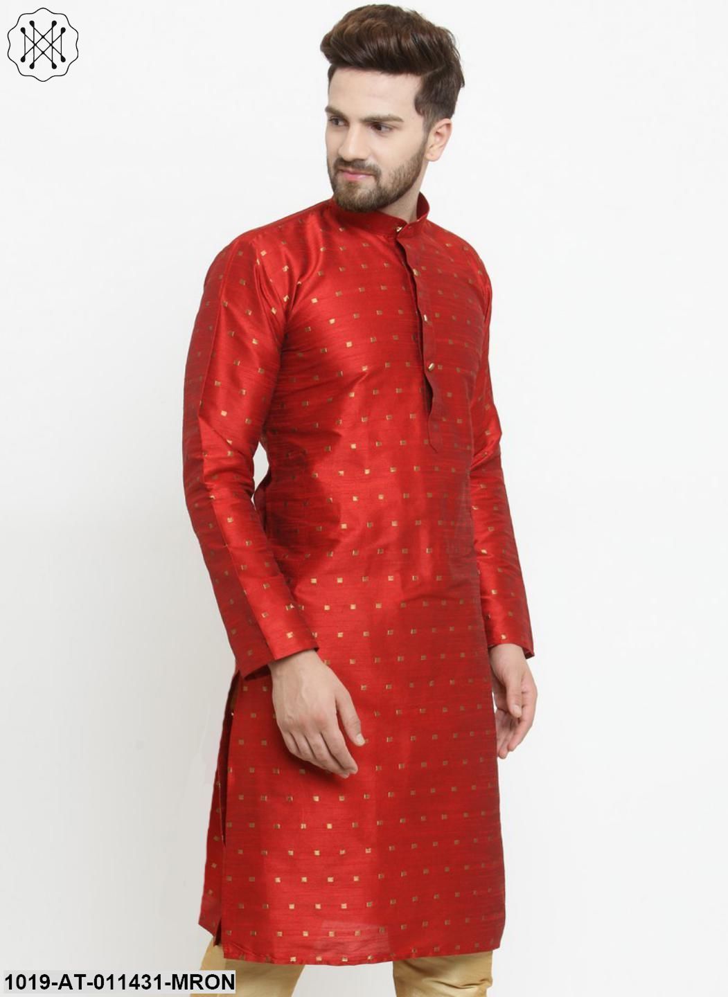Men's Silk Blend Maroon Printed Only Long Kurta - Sojanya