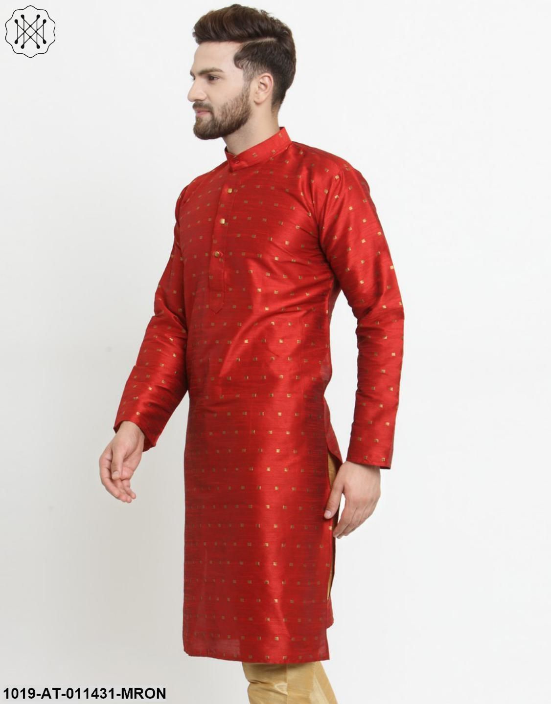 Men's Silk Blend Maroon Printed Only Long Kurta - Sojanya
