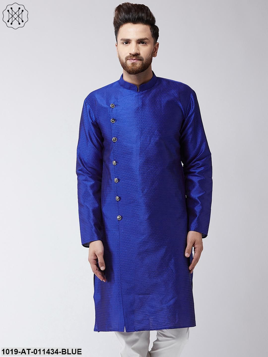 Men's Silk Blend Royal Blue Self Printed Only Long Kurta